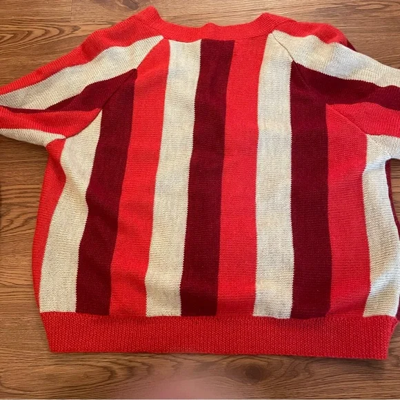 THE GREAT. Bold Striped V-Neck Cardigan in Red, Burgundy & Cream - Picture 2 of 7